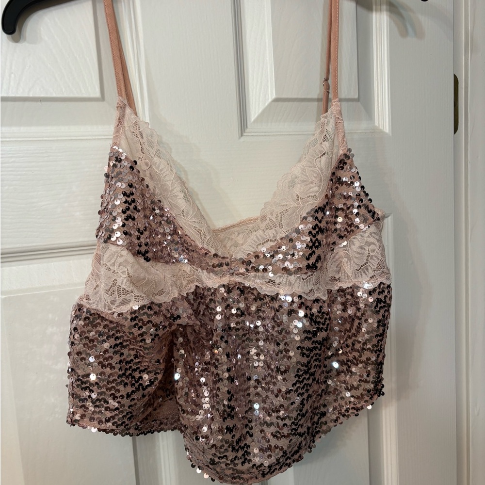 Free People Pink Sequin Lace Crop Top